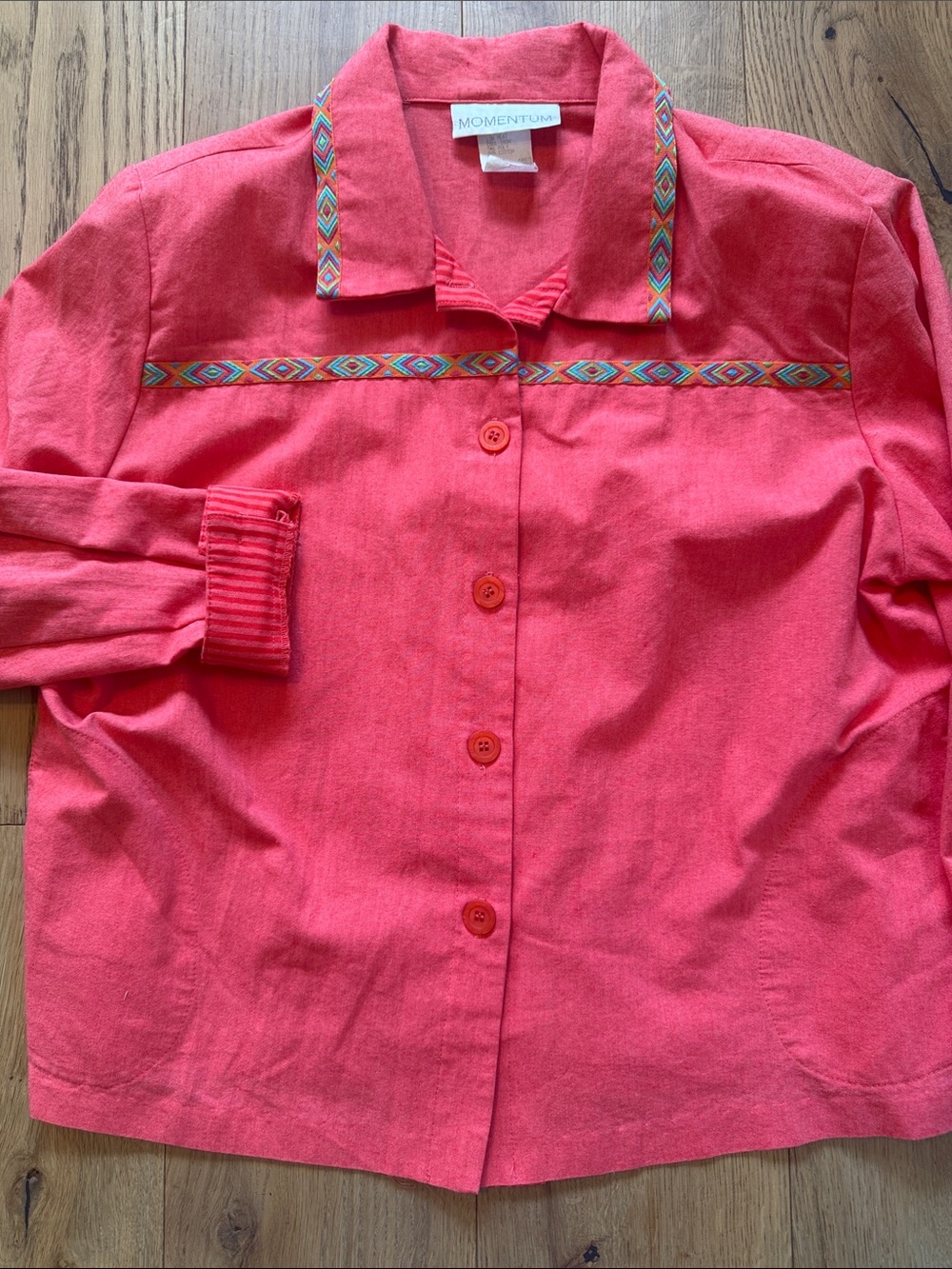 Momentum Coral Button-Down Shirt with Embroidered Trim / Pocket SKU 423